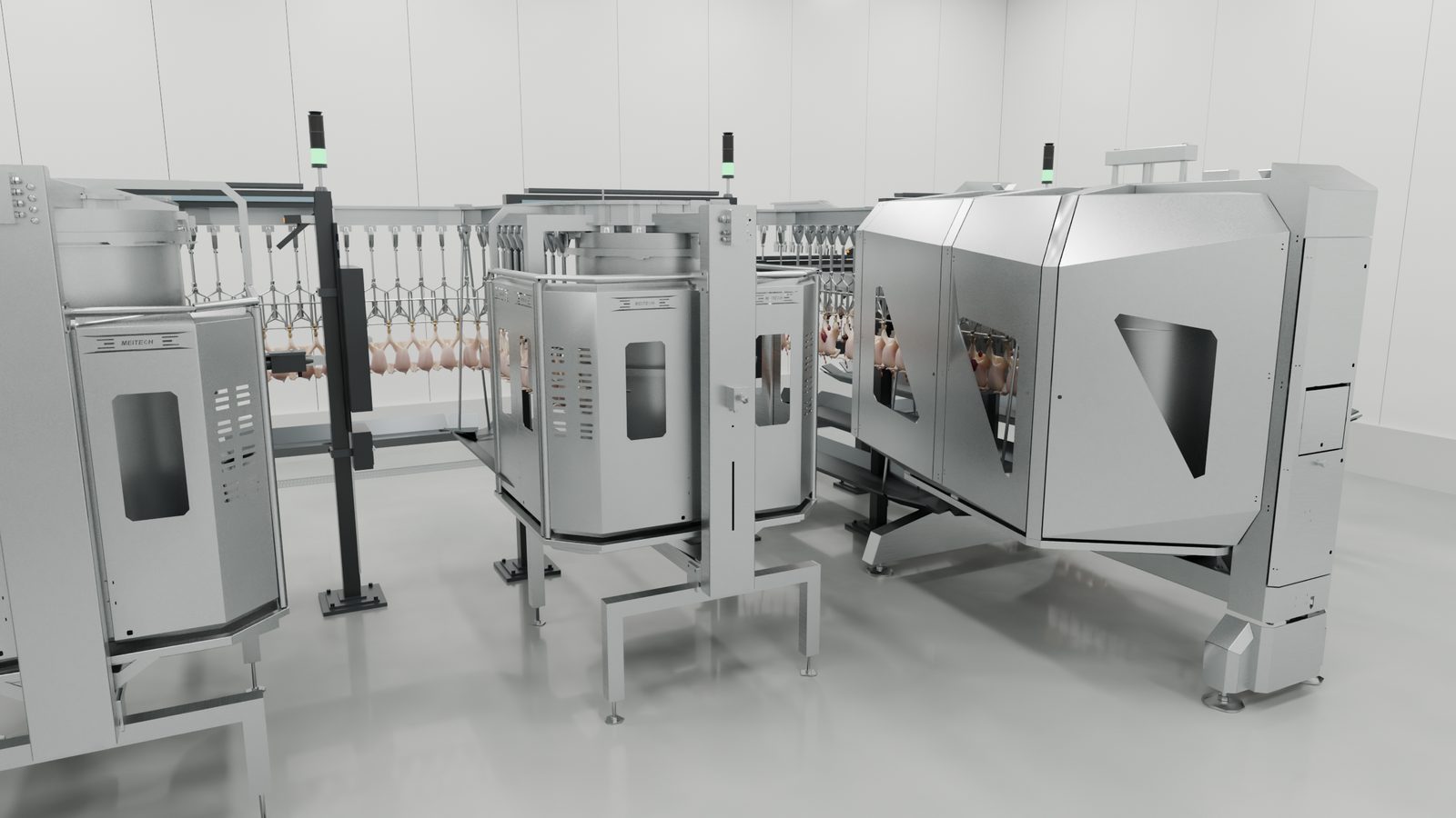 Fileira de máquinas evisceradoras em inox com carcaças na nória