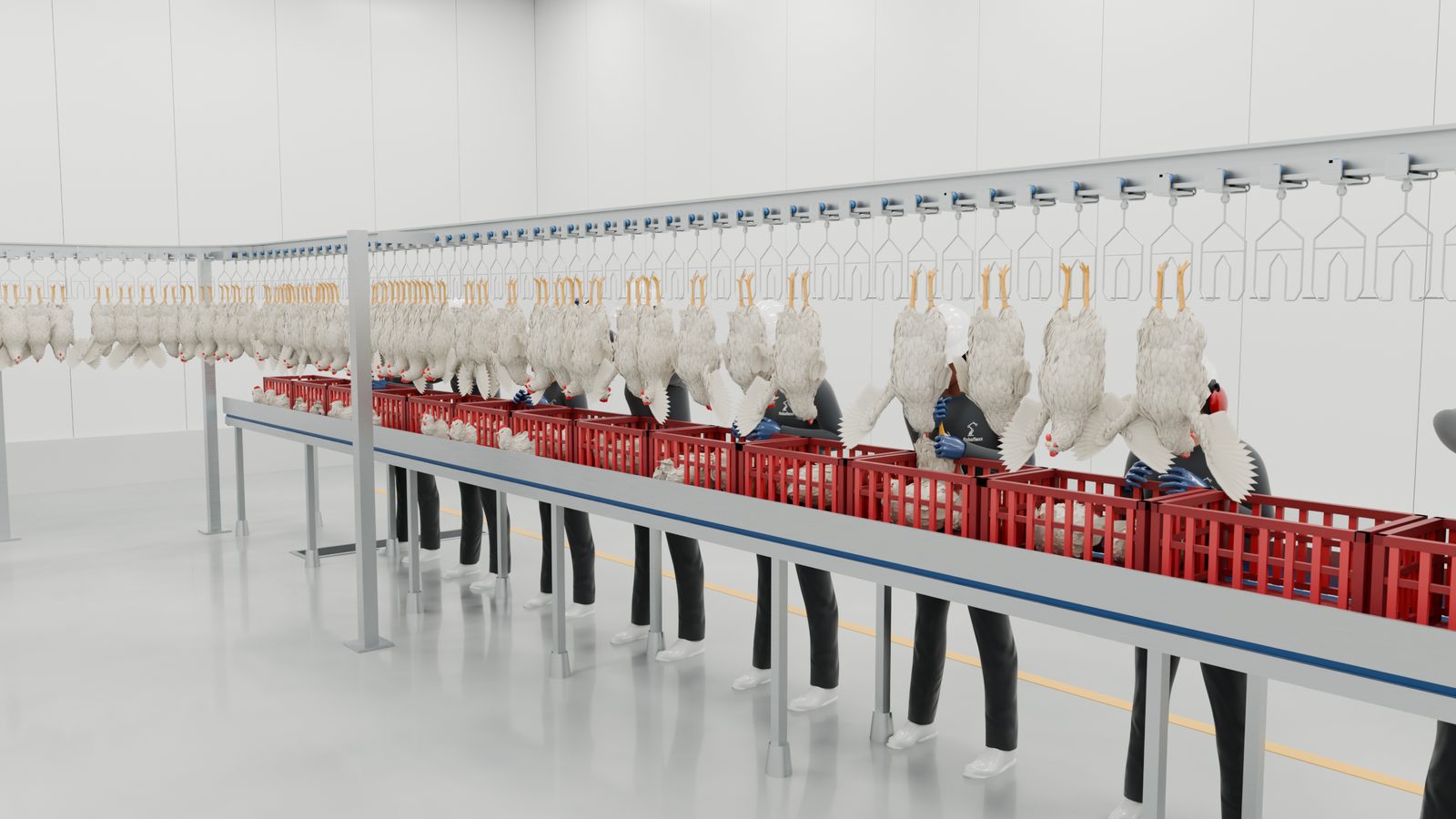 Operadores pendurando as aves, vistos através da nória